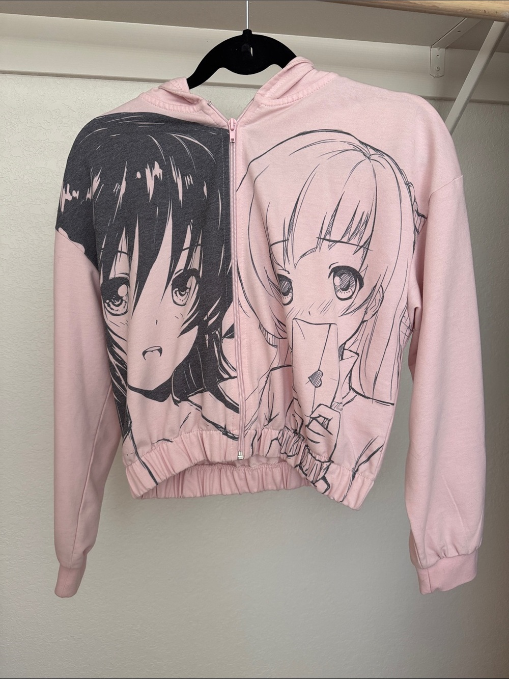 Pink Anime Graphic Zip-Front Crew Sweater